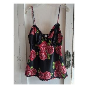 Black babydoll red roses silky romantic cami   top